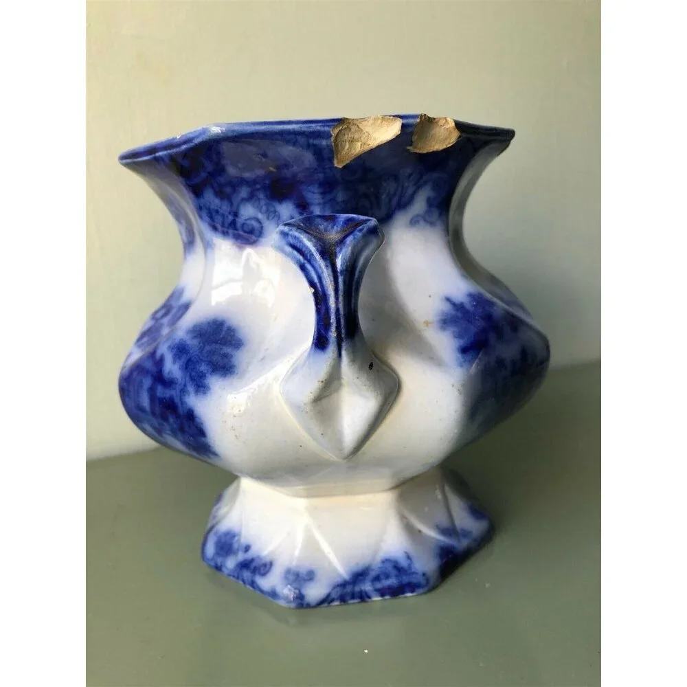 vintage Flow Blue Transferware double handle urn sugar bowl pot jar planter